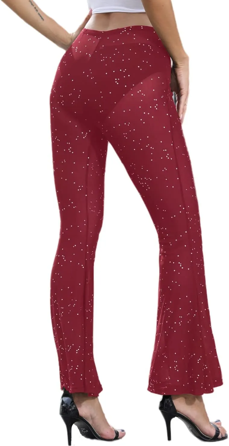 Women Rave Mesh Sheer Pants Flared Bell Bottom Pants for Dance Festival Clubwear