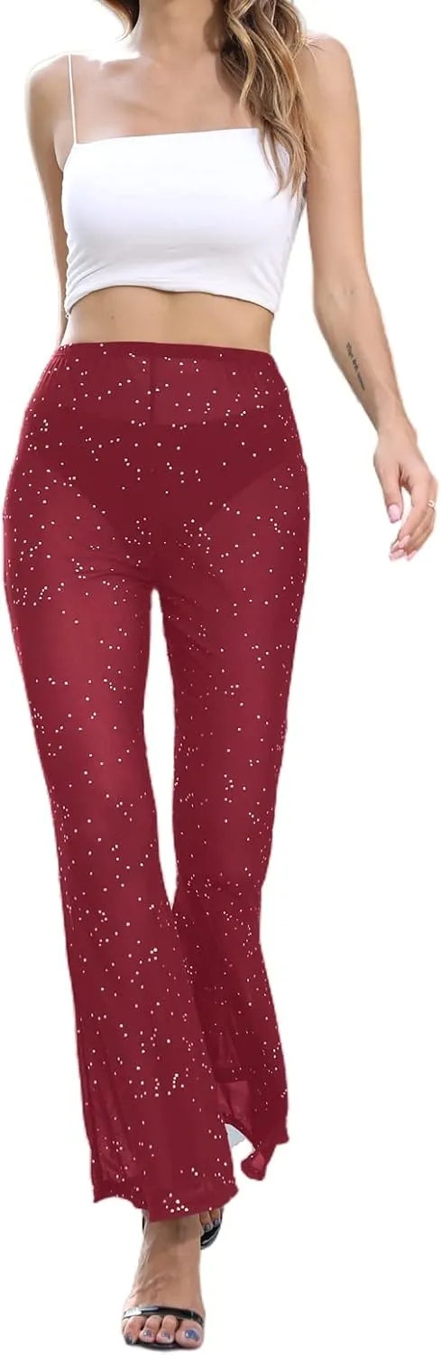 Women Rave Mesh Sheer Pants Flared Bell Bottom Pants for Dance Festival Clubwear