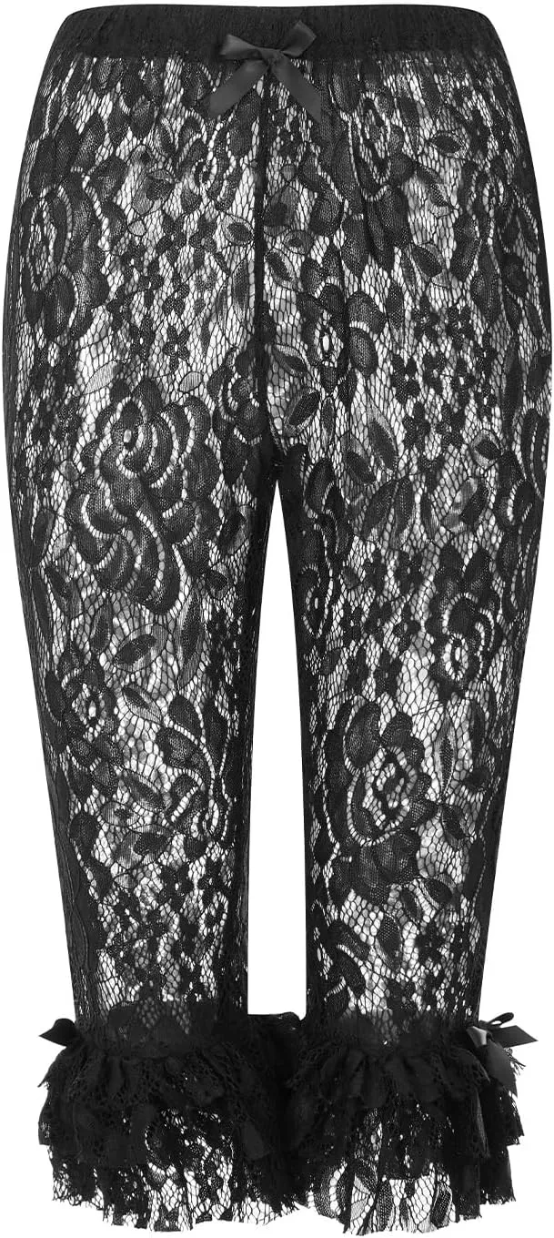 Women Ruffle Lace Capri Leggings Summer Half Slips Under Dress Slim Fitted See Through Sheer Mesh Cropped Pants