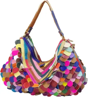 Women Sheepskin Hobo Bag Multicolour Patchwork Shoulder Bag Leaf Handbag Purse