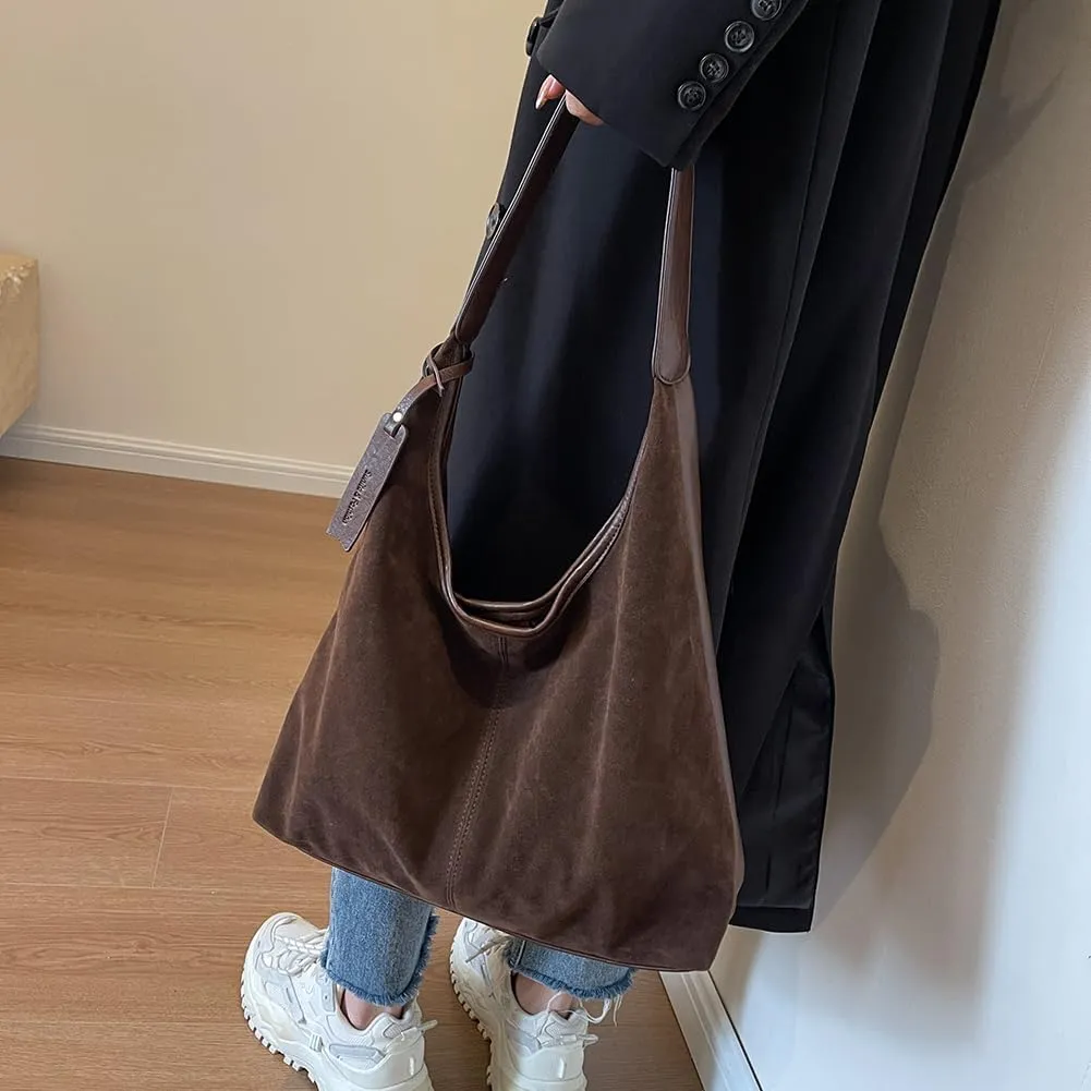 Women Suede Hobo Bag Slouchy Shoulder Bag Closure Retro Handbag Large Capacity for Work Travel