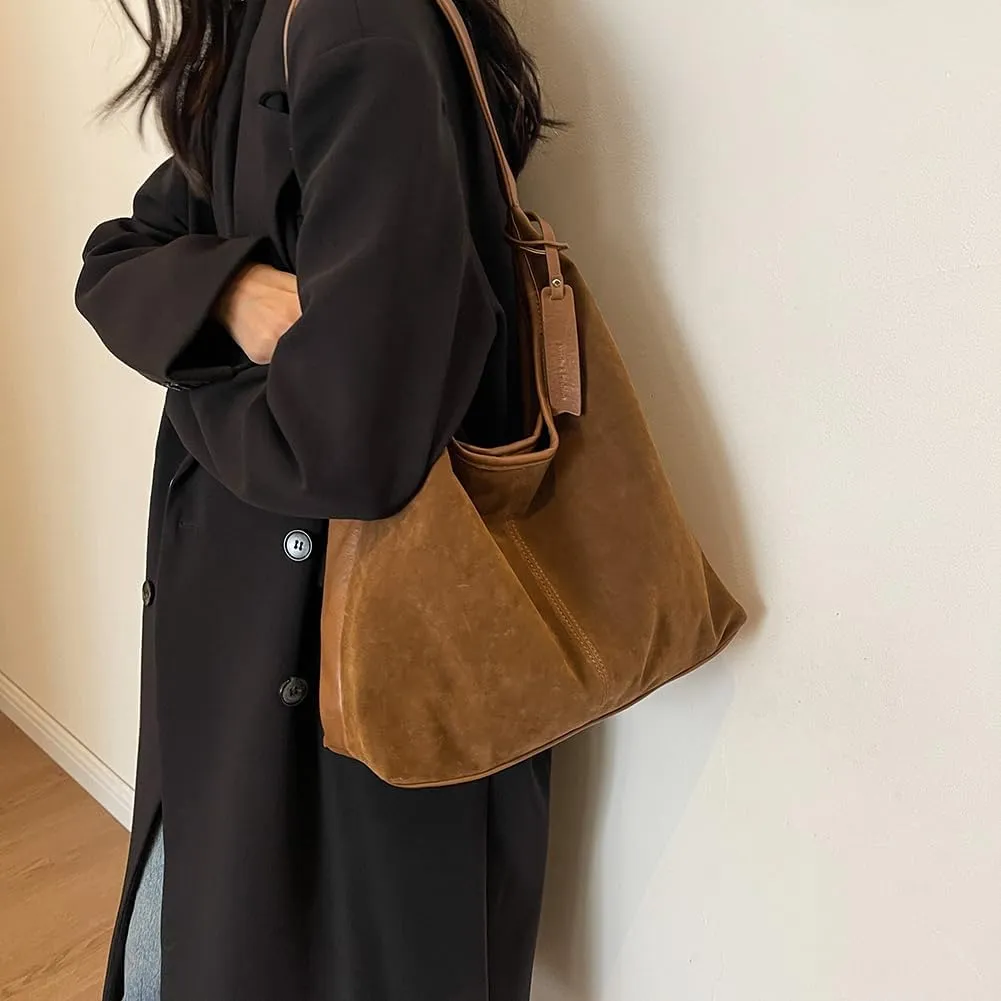 Women Suede Hobo Bag Slouchy Shoulder Bag Closure Retro Handbag Large Capacity for Work Travel