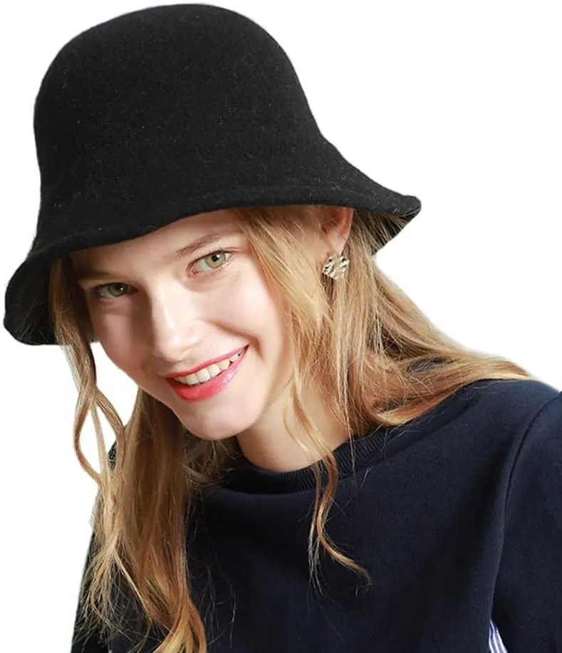 Women Winter Wool Felt Bucket Hat Vintage Warm Felt Cloche Bowler Hat with Brim