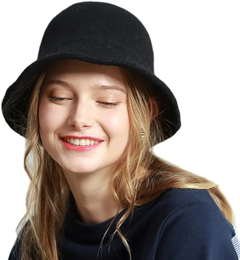 Women Winter Wool Felt Bucket Hat Vintage Warm Felt Cloche Bowler Hat with Brim