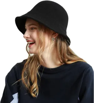 Women Winter Wool Felt Bucket Hat Vintage Warm Felt Cloche Bowler Hat with Brim