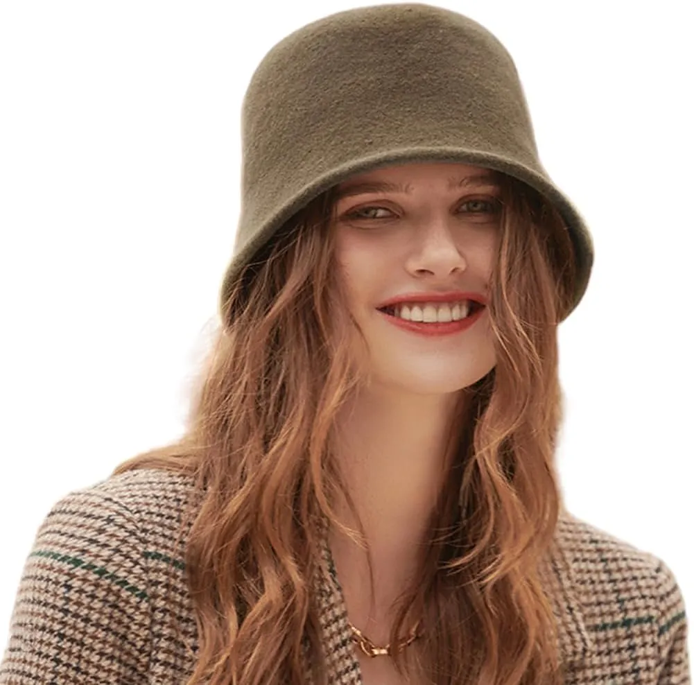 Women Winter Wool Felt Bucket Hat Vintage Warm Felt Cloche Bowler Hat with Brim