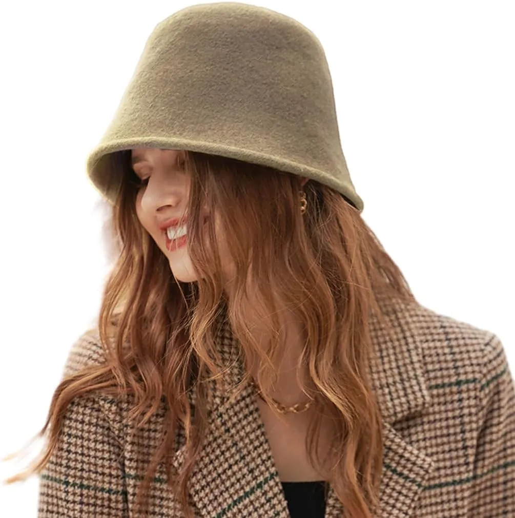 Women Winter Wool Felt Bucket Hat Vintage Warm Felt Cloche Bowler Hat with Brim
