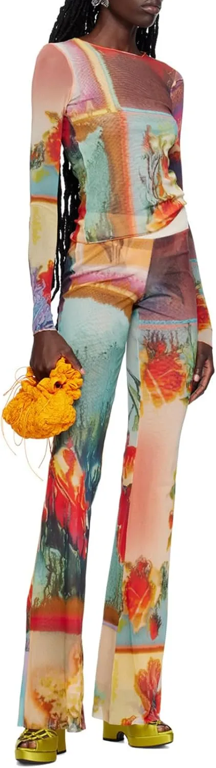 Women Y2k Mesh Two Piece Outfits Sexy Print See Through Long Sleeve Top High Waist Pants Club Set