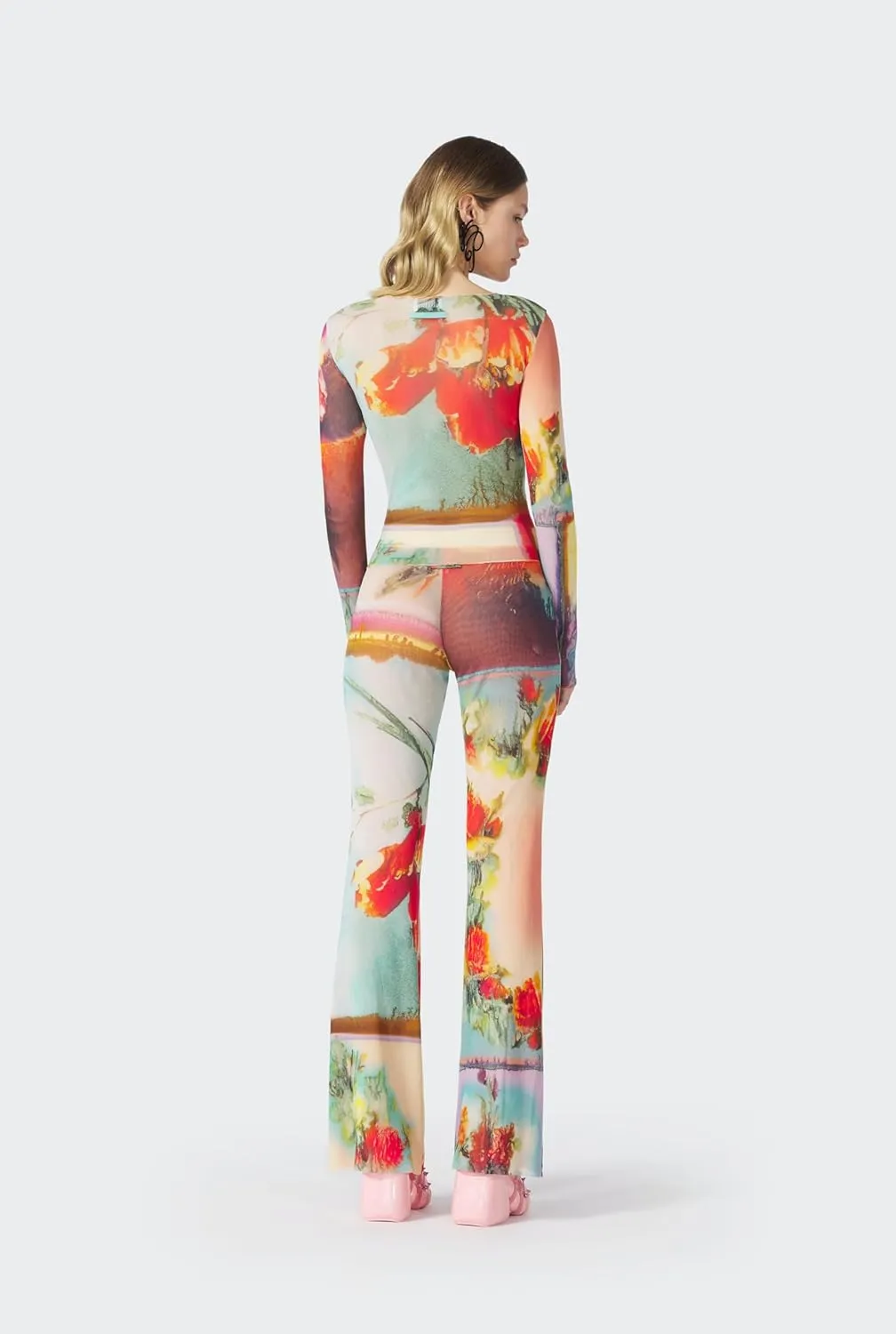 Women Y2k Mesh Two Piece Outfits Sexy Print See Through Long Sleeve Top High Waist Pants Club Set