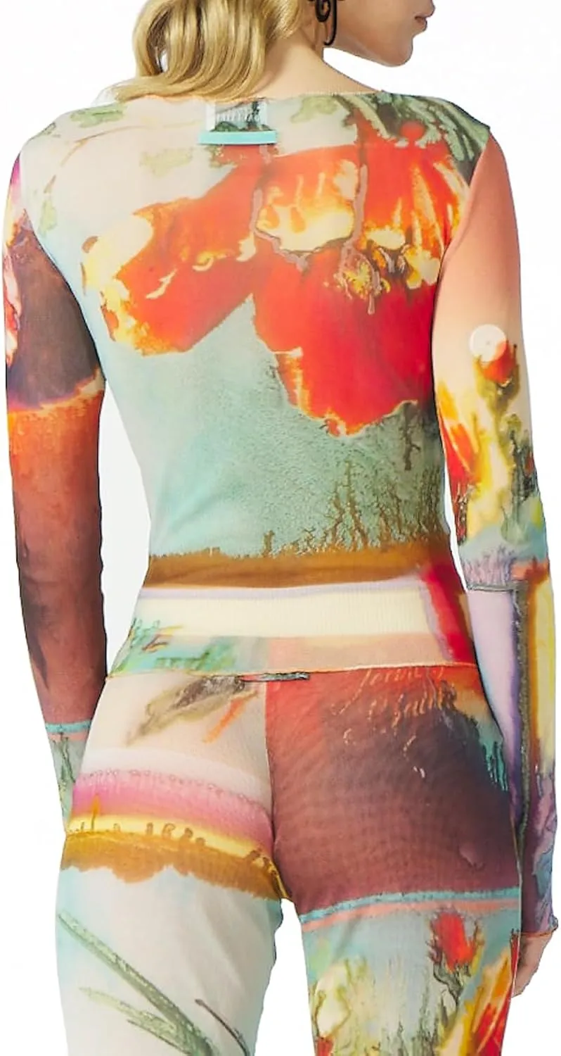 Women Y2k Mesh Two Piece Outfits Sexy Print See Through Long Sleeve Top High Waist Pants Club Set
