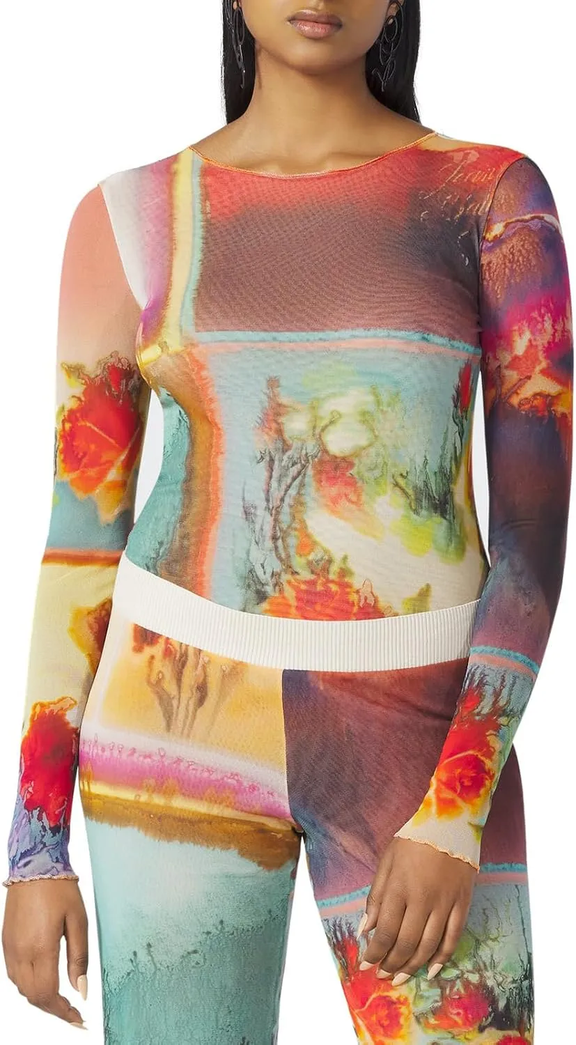 Women Y2k Mesh Two Piece Outfits Sexy Print See Through Long Sleeve Top High Waist Pants Club Set