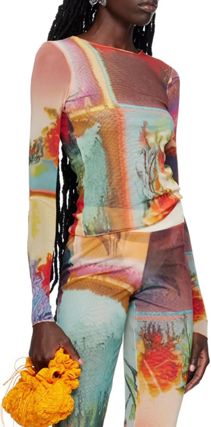 Women Y2k Mesh Two Piece Outfits Sexy Print See Through Long Sleeve Top High Waist Pants Club Set