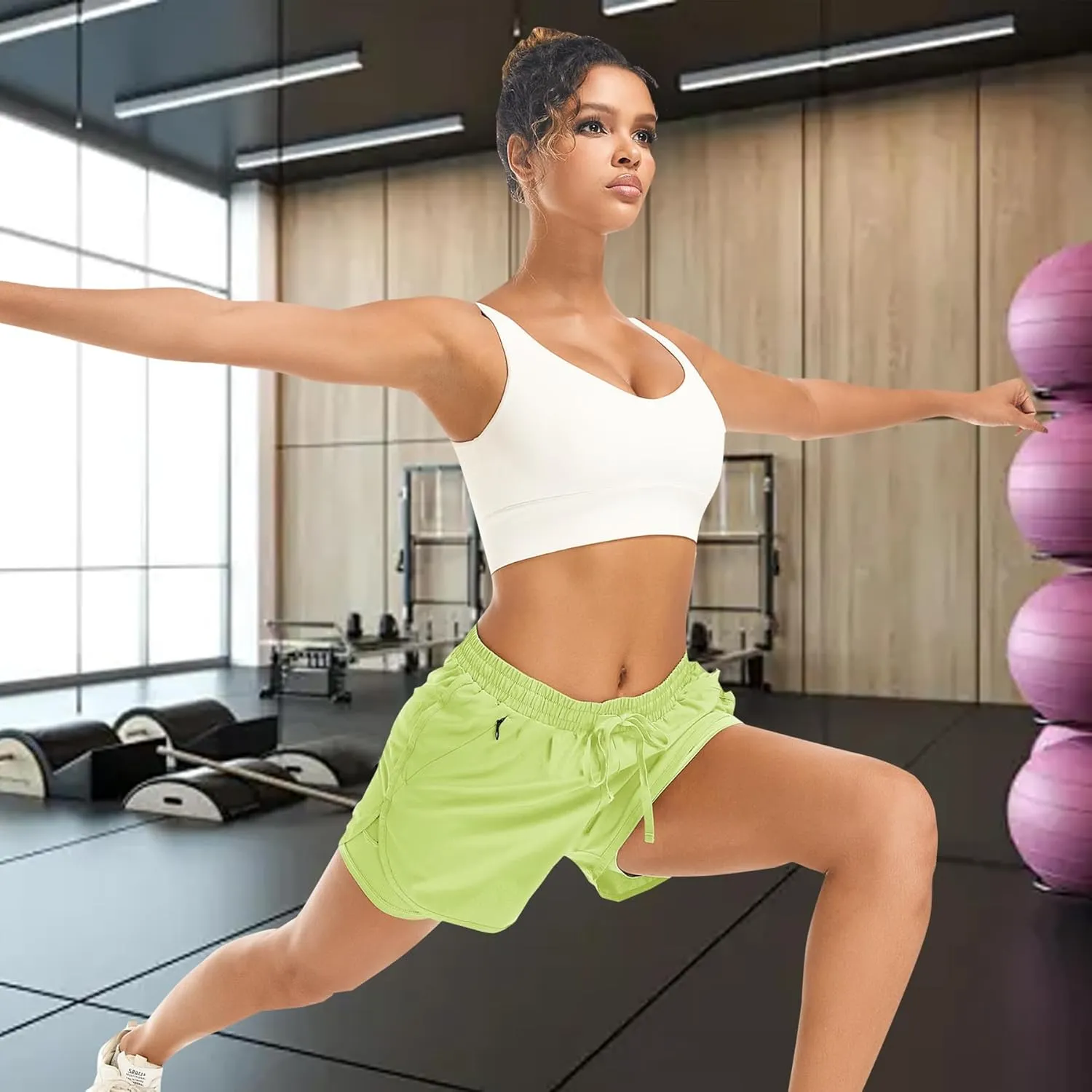 Women's 2 in 1 Athletic Running Shorts High Waisted Workout Casual Gym Sweat Shorts Mesh Comfy Liner Zipper Pockets