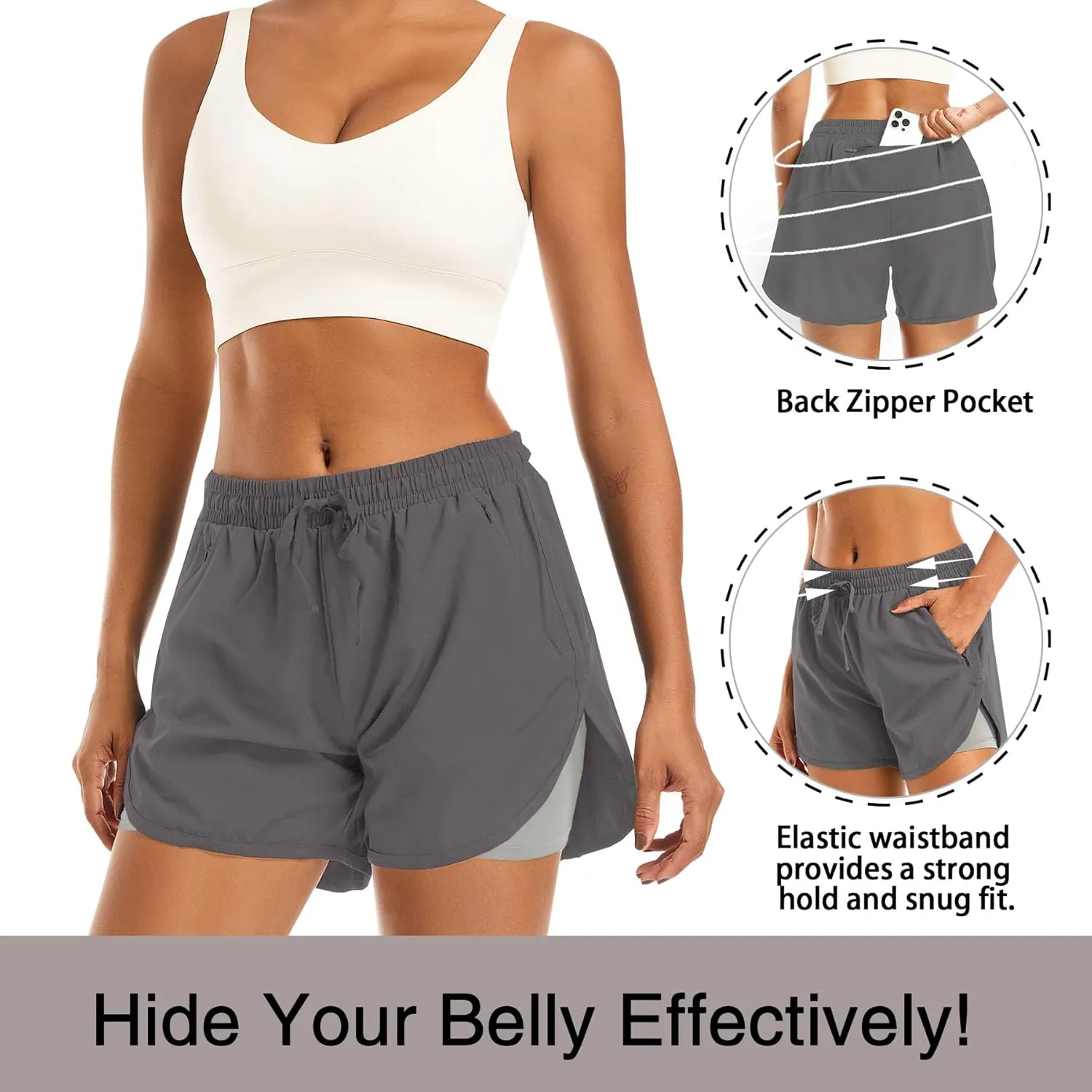 Women's 2 in 1 Athletic Running Shorts High Waisted Workout Casual Gym Sweat Shorts Mesh Comfy Liner Zipper Pockets