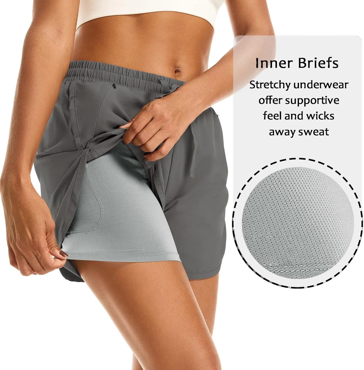 Women's 2 in 1 Athletic Running Shorts High Waisted Workout Casual Gym Sweat Shorts Mesh Comfy Liner Zipper Pockets
