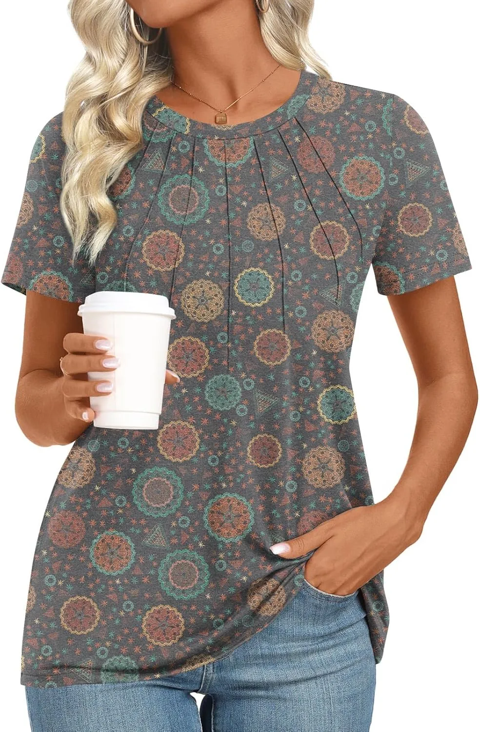 Womens 2025 Tunic Summer Casual Tops Short Sleeve Blouses Crewneck Fashion Tshirts M-3XL