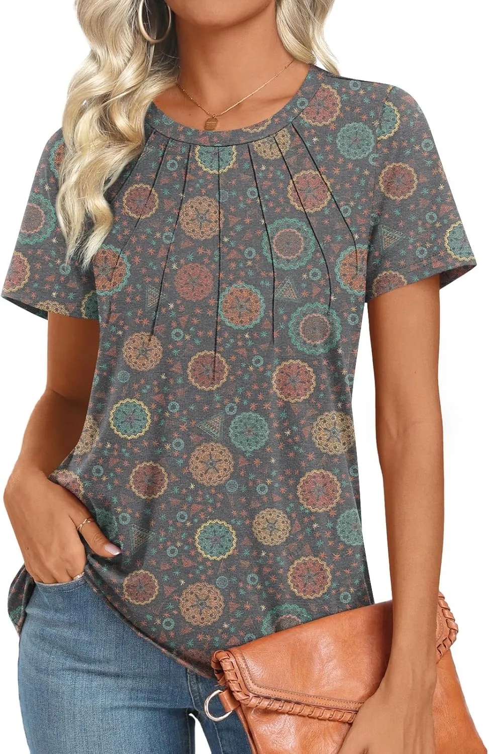 Womens 2025 Tunic Summer Casual Tops Short Sleeve Blouses Crewneck Fashion Tshirts M-3XL