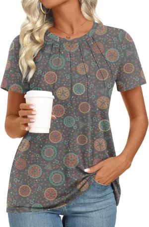 Womens 2025 Tunic Summer Casual Tops Short Sleeve Blouses Crewneck Fashion Tshirts M-3XL