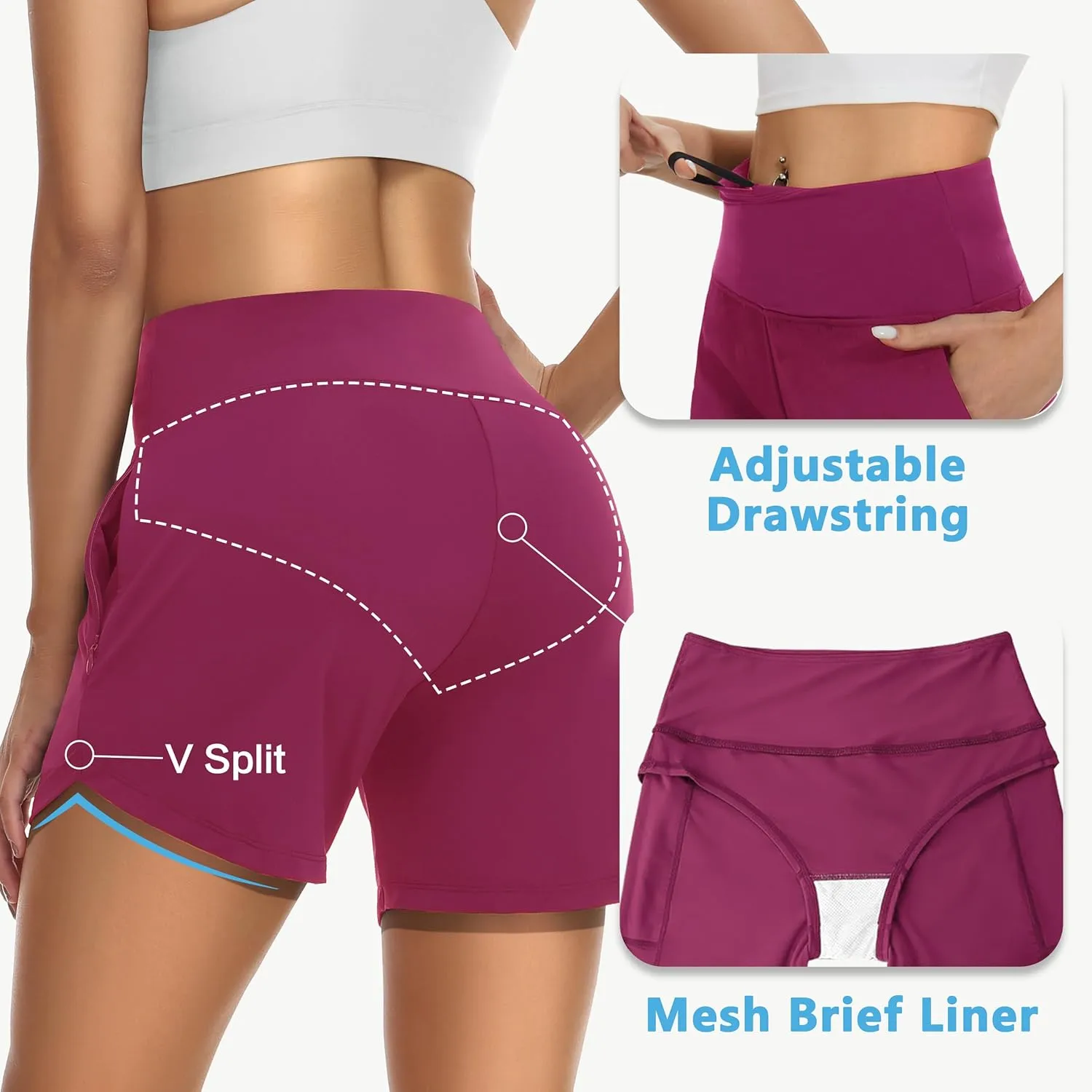 Womens' 5" Swim Shorts Tummy Control Quick Dry Swimsuit Bottom High Waist Loose Fitting with Zipper Pocket Liner UPF50 