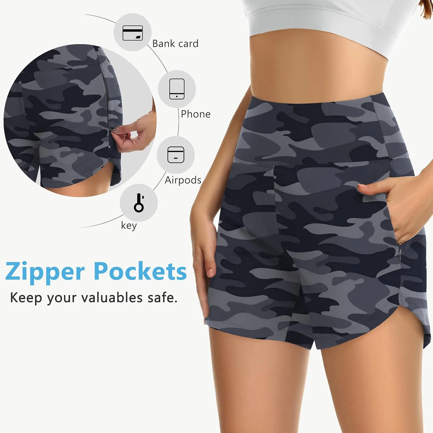 Womens' 5" Swim Shorts Tummy Control Quick Dry Swimsuit Bottom High Waist Loose Fitting with Zipper Pocket Liner UPF50 