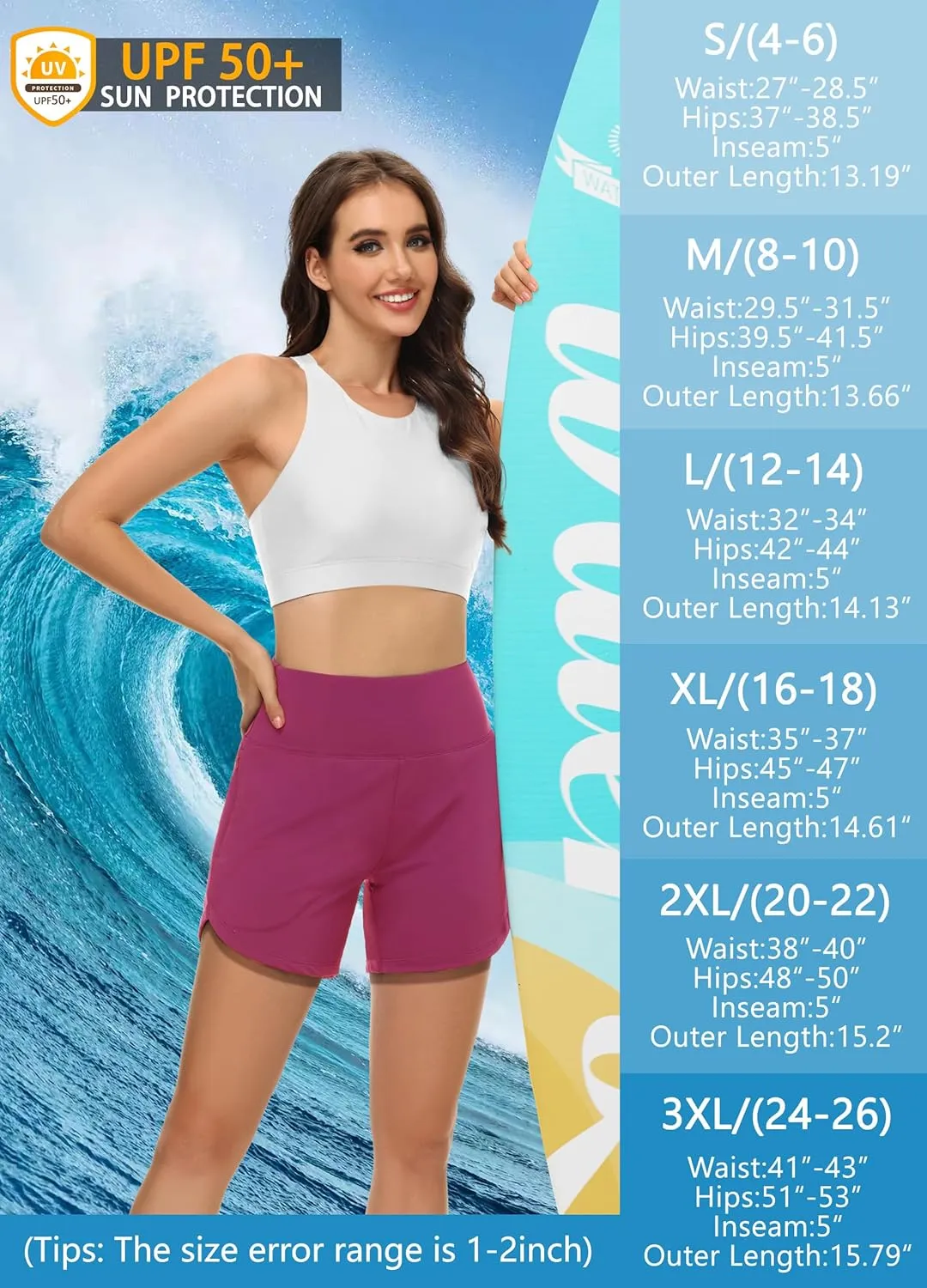 Womens' 5" Swim Shorts Tummy Control Quick Dry Swimsuit Bottom High Waist Loose Fitting with Zipper Pocket Liner UPF50 
