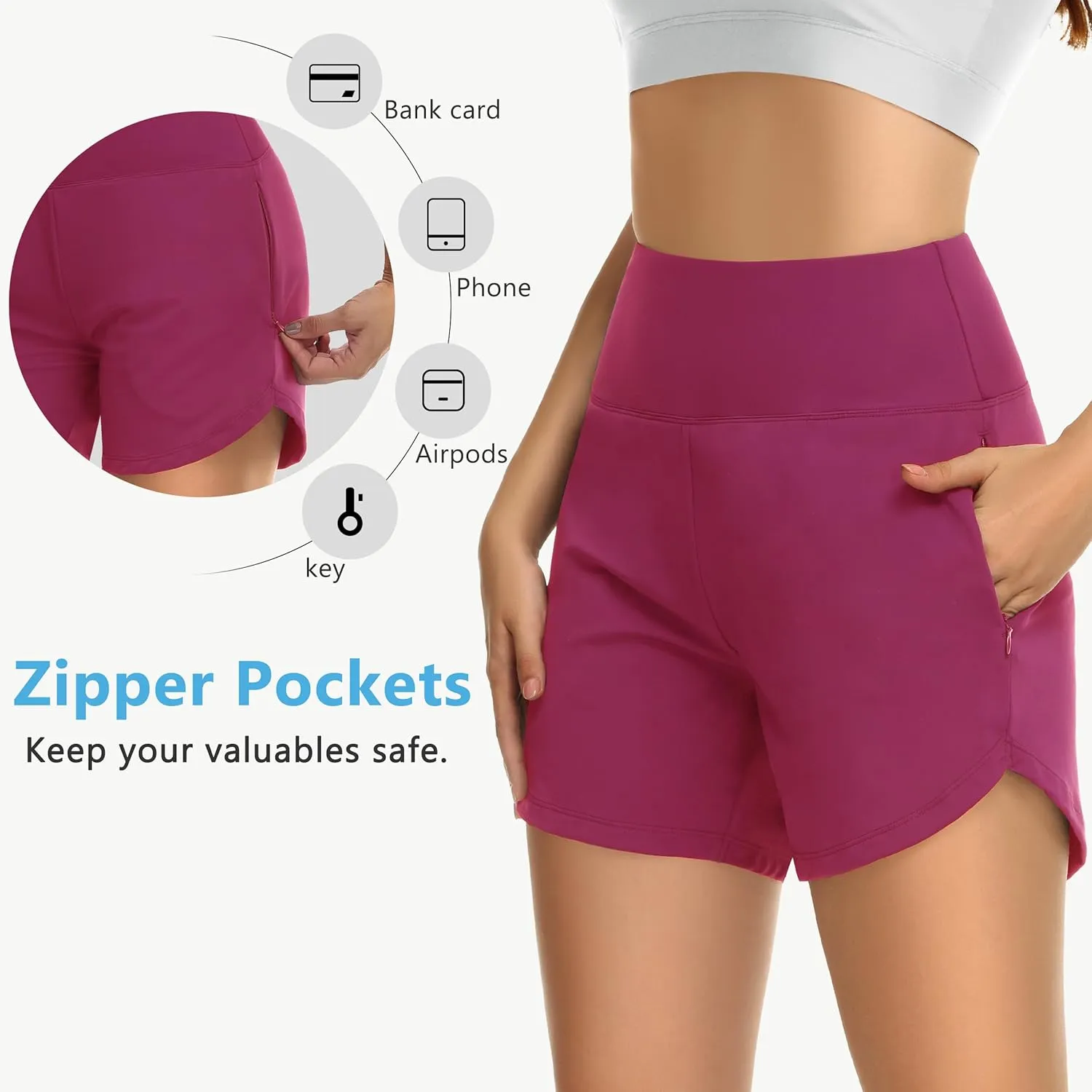 Womens' 5" Swim Shorts Tummy Control Quick Dry Swimsuit Bottom High Waist Loose Fitting with Zipper Pocket Liner UPF50 