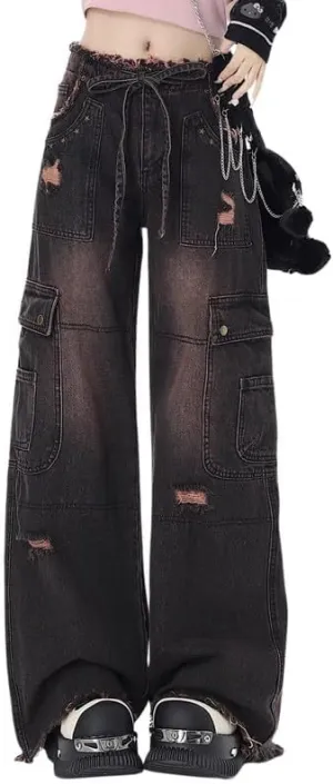 Women's Cargo Pants Low Waist Baggy Jeans Y2K Pocket Wide Leg Casual Trendy Streetwear Grunge Emo Clothes