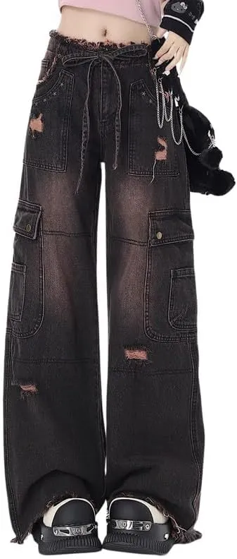 Women's Cargo Pants Low Waist Baggy Jeans Y2K Pocket Wide Leg Casual Trendy Streetwear Grunge Emo Clothes