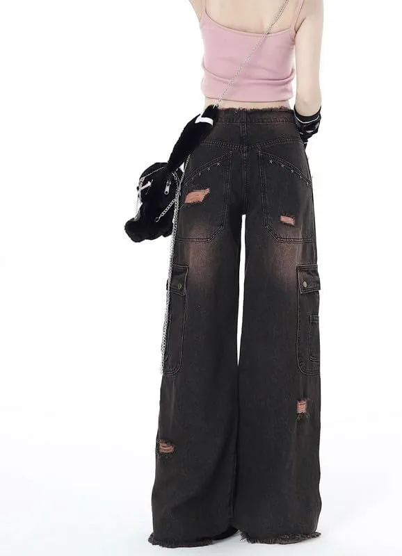 Women's Cargo Pants Low Waist Baggy Jeans Y2K Pocket Wide Leg Casual Trendy Streetwear Grunge Emo Clothes