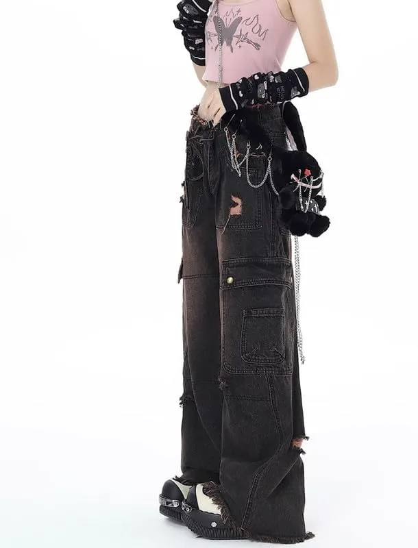 Women's Cargo Pants Low Waist Baggy Jeans Y2K Pocket Wide Leg Casual Trendy Streetwear Grunge Emo Clothes