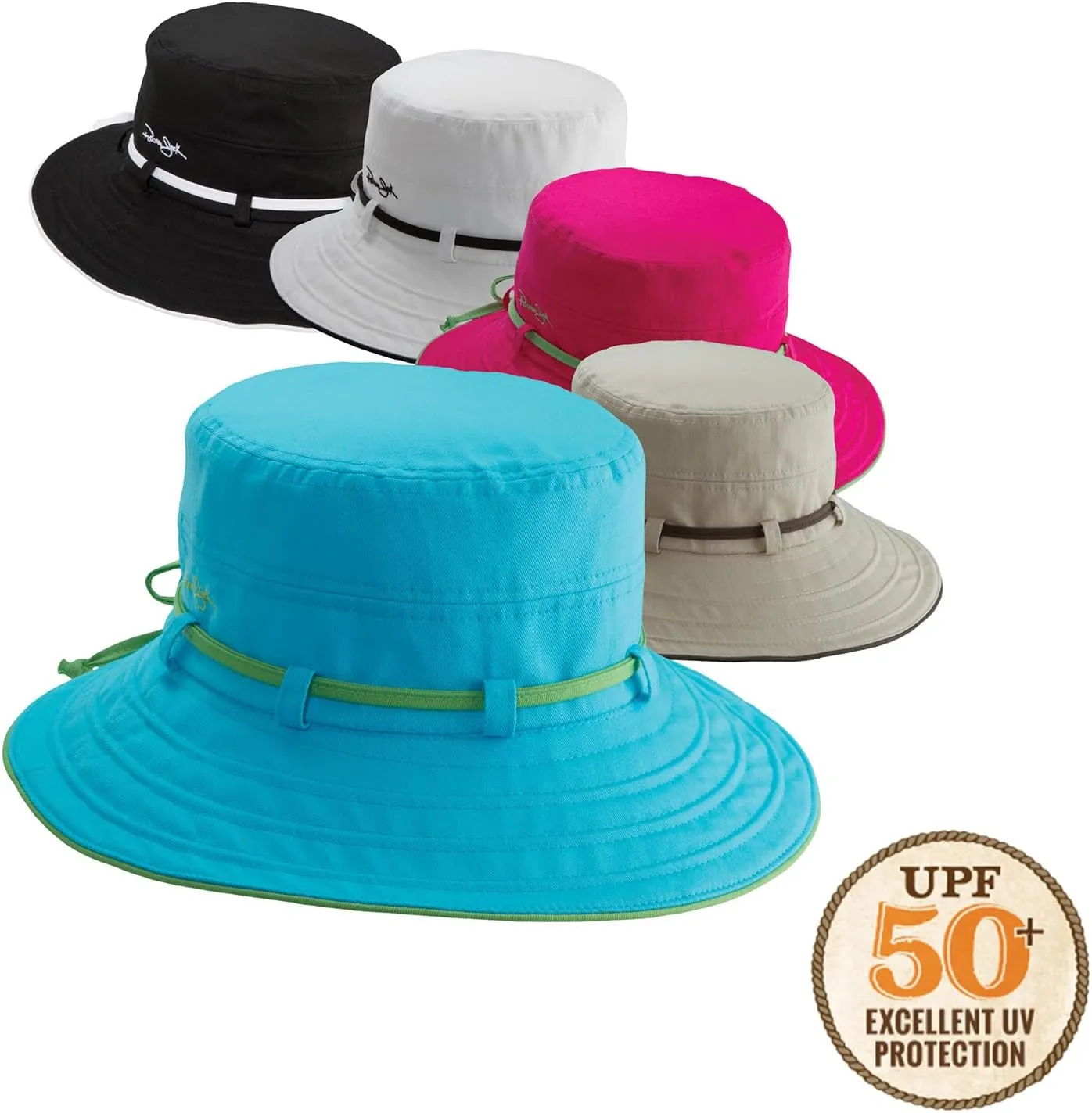 Women's Contrast Cotton Bucket Sun Hat with Sizing Tie, 3" Brim