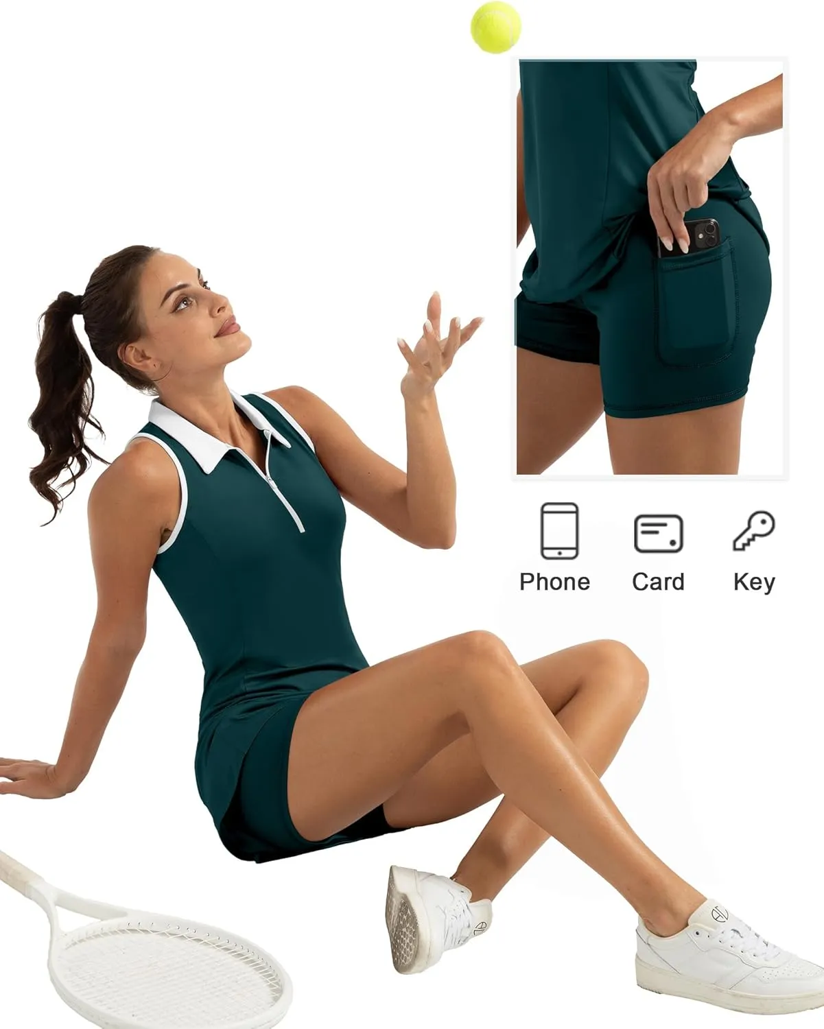 Women's Golf Tennis Dress Sport Activewear Zipper V-Neck with Shorts and Pocket Workout Athletic