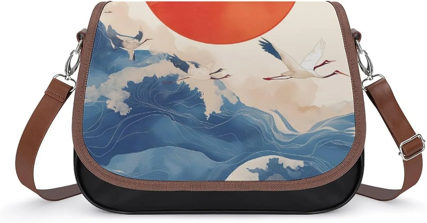 Women's Handbag Crane Birds Chinese Clouds Landscape Satchel Bag Leather Crossbody Bag Waterproof Messenger Bag