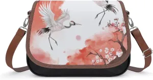Women's Handbag Cranes Birds Cherry Flowers Satchel Bag Leather Crossbody Bag Waterproof Messenger Bag