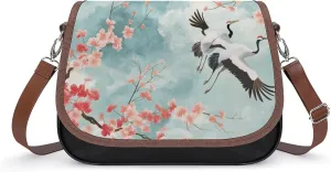 Women's Handbag Cranes Birds Cherry Flowers Satchel Bag Leather Crossbody Bag Waterproof Messenger Bag