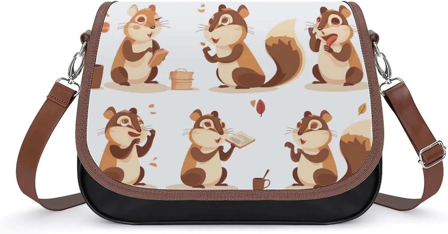 Women's Handbag Cute Chipmunk Set Satchel Bag Leather Crossbody Bag Waterproof Messenger Bag