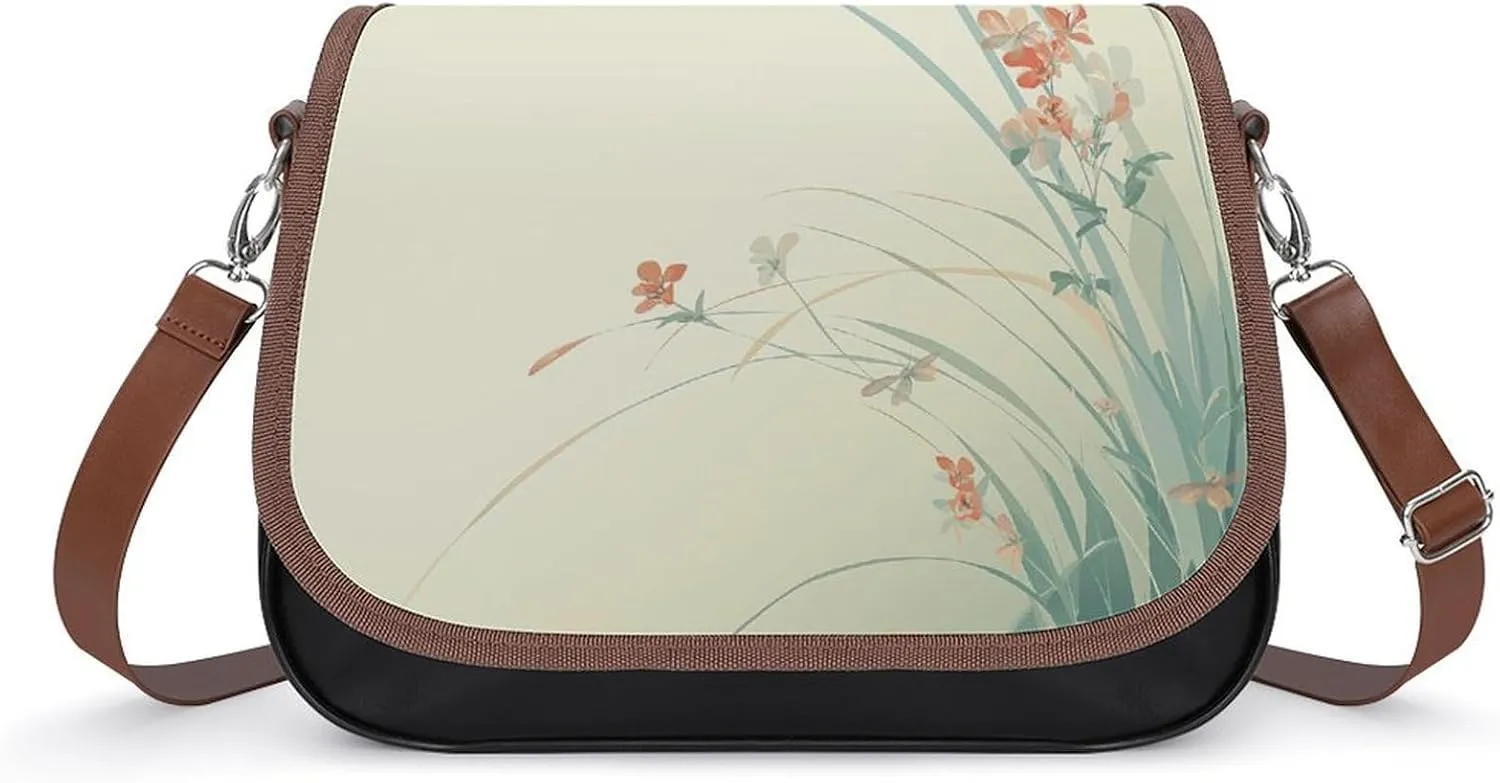 Women's Handbag Grass And Flowers Dragonflies Satchel Bag Leather Crossbody Bag Waterproof Messenger Bag