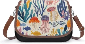 Women's Handbag Jellyfish Corals Seaweed Patterns Satchel Bag Leather Crossbody Bag Waterproof Messenger Bag
