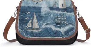 Women's Handbag Lighthouse Compass And Ships Satchel Bag Leather Crossbody Bag Waterproof Messenger Bag