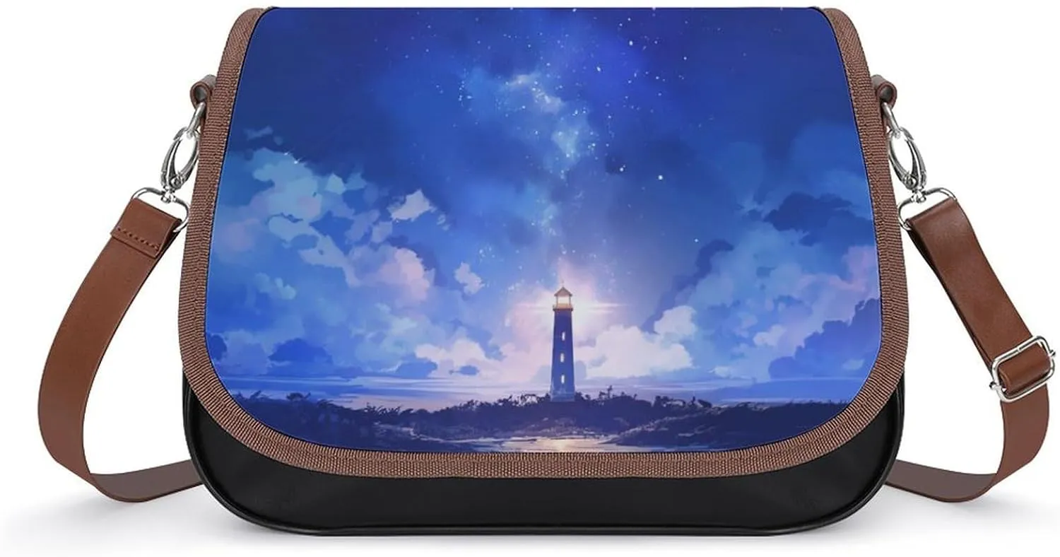 Women's Handbag Lighthouse Night Sky Stars Satchel Bag Leather Crossbody Bag Waterproof Messenger Bag