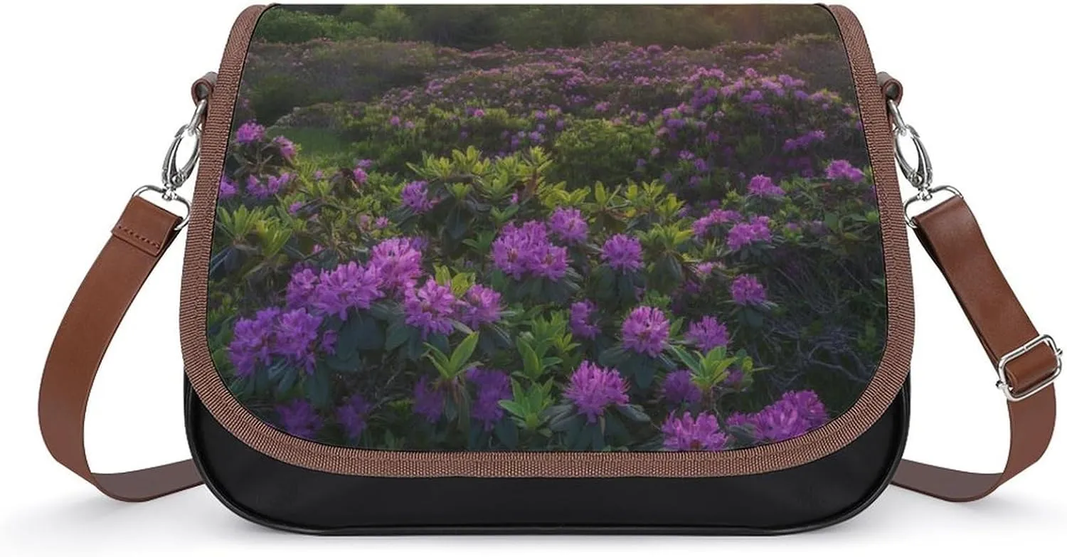Women's Handbag Mountain Landscape Sunrise And Purple Flowers Satchel Bag Leather Crossbody Bag Waterproof Messenger Bag