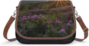 Women's Handbag Mountain Landscape Sunrise And Purple Flowers Satchel Bag Leather Crossbody Bag Waterproof Messenger Bag