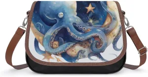 Women's Handbag Octopus Watercolor Moon Stars Satchel Bag Leather Crossbody Bag Waterproof Messenger Bag