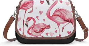 Women's Handbag Pink Flamingo Bird Hears Pattern Satchel Bag Leather Crossbody Bag Waterproof Messenger Bag