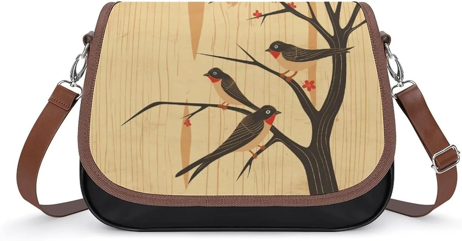 Women's Handbag Swallows Tree Landscape Satchel Bag Leather Crossbody Bag Waterproof Messenger Bag
