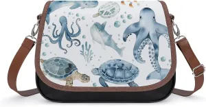 Women's Handbag Watercolor Turtle Whale Sea Creatures Satchel Bag Leather Crossbody Bag Waterproof Messenger Bag