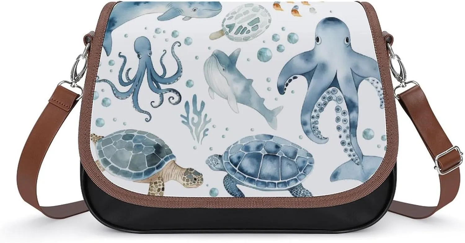Women's Handbag Watercolor Turtle Whale Sea Creatures Satchel Bag Leather Crossbody Bag Waterproof Messenger Bag