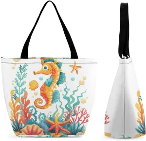 Women's Handbags Seahorse Coral Reef With Seashells Starfish Shopping Bag Leather Tote Bag Satchel Bags