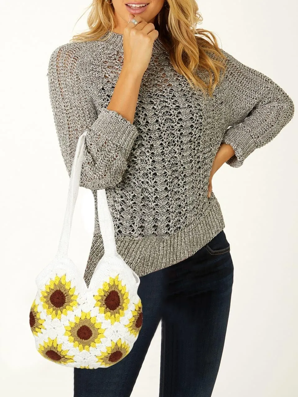 Women's Handmade Cotton Tote Bag – Bohemian Shoulder Bag, Spacious Hand-Crochet Vintage Knitted Shopping Bag