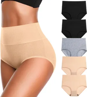 Women's High Waist Cotton Underwear Super Stretchy Briefs Full Coverage Panties Blue 5-Pack One Size Fits All